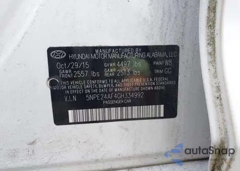 2016 Hyundai Sonata Se from USA, damaged, VIN 5NPE24AF4GH334992